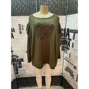 Curvations Plus 2X Green Tiger Face Felt-Like Long Ruffle Sleeve Top